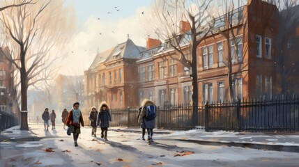 Obraz premium Eager students heading to school with their parent on a bright morning 