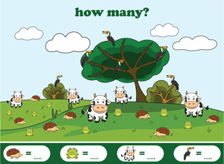Counting game for kids with wildlife animals. Printable worksheet for math lessons. Vector illustration