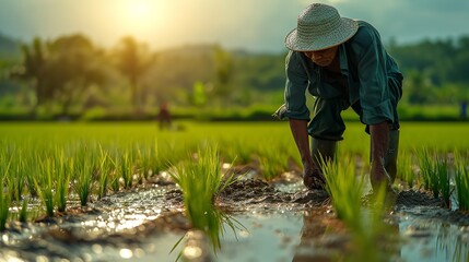 Fototapeta na wymiar A farmer harvesting rice on a field during the rainy season in Asia, big copy space, Generative AI.
