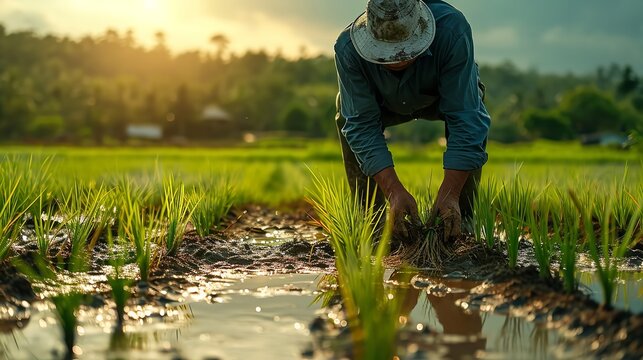 A farmer harvesting rice on a field during the rainy season in Asia, big copy space, Generative AI.