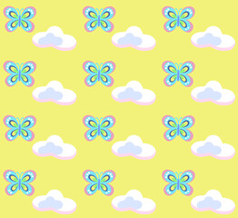Butterflies in the Sky on Yellow Seamless Pattern
