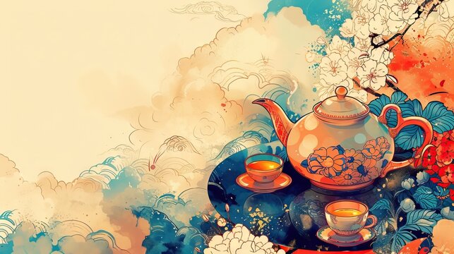 chinese new year background with teapot and teacups, representing hospitality and sharing good wishes over tea with copy space - AI Generated Abstract Art