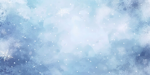 Fototapeta premium white blue watercolor background snowfall, christmas view blurred blizzard light blue snowflakes on a white city background. holiday theme, banner design