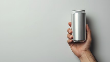 A human hand holding an aluminum soda can against a white backdrop, space, Generative AI. - obrazy, fototapety, plakaty