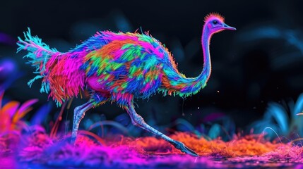 A neon ostrich running through the savannah its vibrant feathers leaving a trail of colors behind.