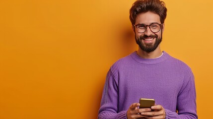 A joyful man on an orange backdrop wearing purple sweater and spectacles and using a phone, Generative AI. - obrazy, fototapety, plakaty