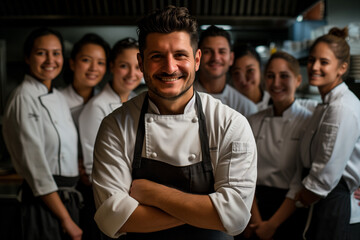 Chef standing with his team in restaurant kitchen, restaurant staff, back cook