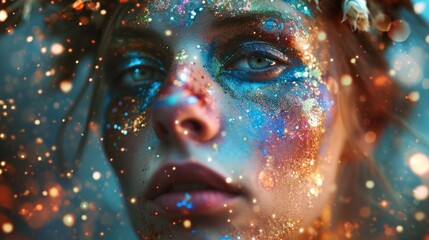A portrait of a woman with a galaxyinspired headpiece and cosmic body paint, her eyes piercing through a cloud of shimmering particles.