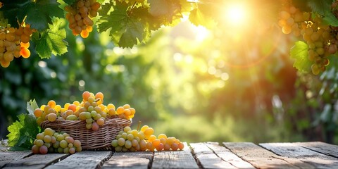 Background of grapefruit grape in basket on wooden table top with blank or empty space in the background of grape garden in sunrise with the sun Ray 