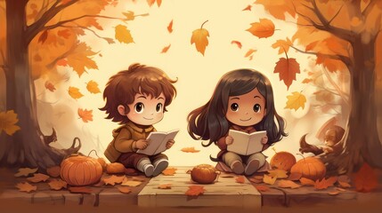 Autumn theme cartoon illustration childern. Copy space template. - obrazy, fototapety, plakaty