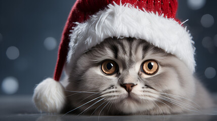 Adorable Funny gray striped fluffy cute cat in a Santa Claus hat in mood.