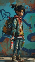 Fototapeta na wymiar Cartoon digital avatars of RebelRouser A rebellious and bold avatar with a toughlooking graffiticovered jacket, ripped jeans, and a spray can in hand, standing in front of a rebellious