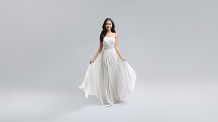 full-body fashion portrait of a beautiful woman in a long, flowing white gala dress, the light fabric gracefully draping her figure against a chic white and gray background. Generative AI. - Powered by Adobe