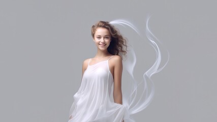 Fototapeta na wymiar full-body fashion portrait of a beautiful woman in a long, flowing white gala dress, the light fabric gracefully draping her figure against a chic white and gray background. Generative AI.