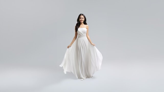 Full-body Fashion Portrait Of A Beautiful Woman In A Long, Flowing White Gala Dress, The Light Fabric Gracefully Draping Her Figure Against A Chic White And Gray Background. Generative AI.