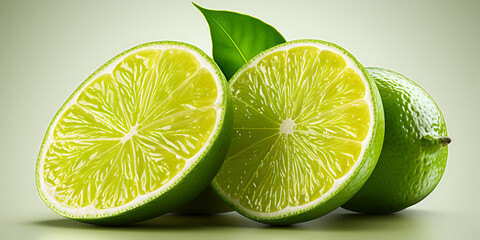 Close up a cut half with leaf ripe lime fruit in the kitchen table professional advertising food herbal ingredient of food.