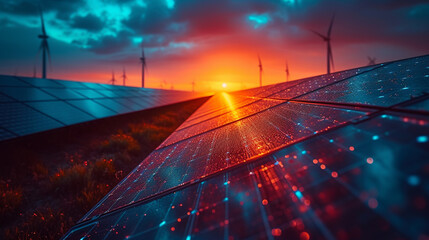 Renewable Radiance: Wind Turbines and Solar Panels Bathing in Sunset Light, Symbolizing the Eco-Friendly Concept of Green Renewable Energy. Photography Capturing Sustainable Harmony with Nature.