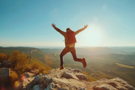 Photograph of Happy man, with arms raised, is jumping on the top of a mountain, celebrating his success as a hiker on a cliff capture the elation and achievement in his expression