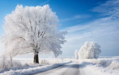 Big tree covered with snow in winter,created with Generative AI tecnology.