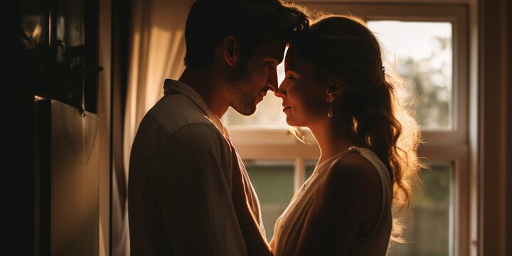 Loving Couple, A Man And A Woman, Stand Together With Their Foreheads Gently Touching. They Share A Quiet Moment Of Connection By A Window, Capturing The Essence Of Their Affection