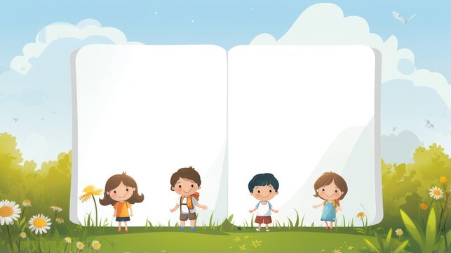 Cartoon spring theme design template, blank paper book for copy space, children's illustrations.