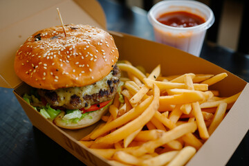 A cheeseburger with sesame seed bun and a side of fries is served in a cardboard takeout box with a cup of ketchup on the side.