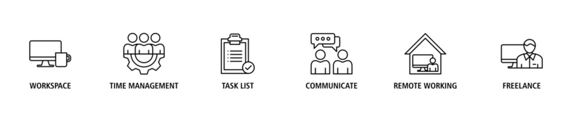 Work from home banner web icon set vector illustration concept of wfh with icon of workspace, time management, task list, communicate, remote working and freelance