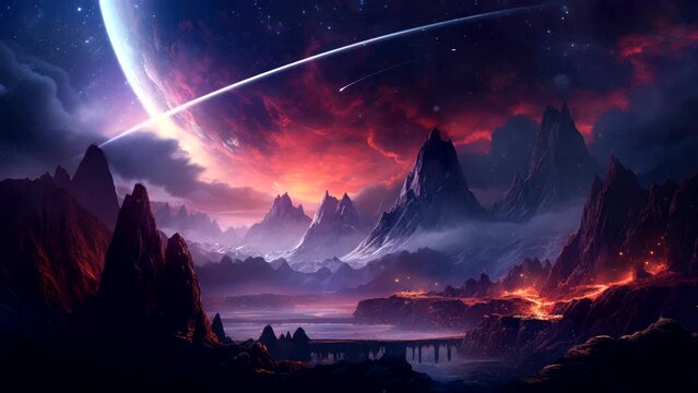 Moonlit Peak: The Mountain's Dance with Lava Beneath the Lunar Glow