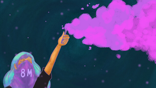 mujer 8m pa&ntilde;uelo violeta con humo morado