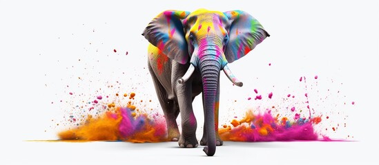 Pictorial elephant portrait with bright abstract paint splatter.