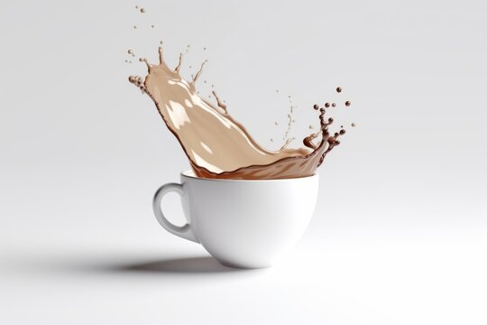 Pouring Coffee Splash, Gracefully Filling a Stylish White Cup, Against a Seamless White Backdrop, Generative AI