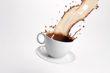 White Coffee Cup Being Graced by a Pouring Coffee Stream, Manifesting the Essence of the Brew on a White Background, Generative AI