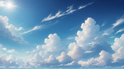 The view of the bright blue sky with clouds and the shining sun is very beautiful. Bright sky background