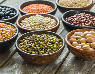 Fototapeta premium A collection of various beans and cereal grains, representing essential sources of protein.