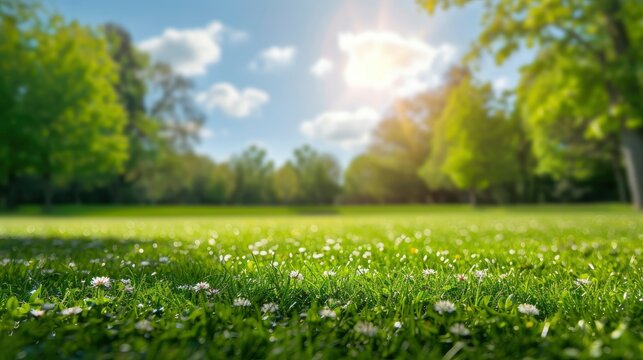 Beautiful blurred background image of spring nature with a neatly trimmed lawn surrounded by trees against a blue sky with clouds on a bright sunny day. copy space - generative ai