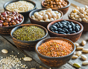 A collection of various beans and cereal grains, representing essential sources of protein.