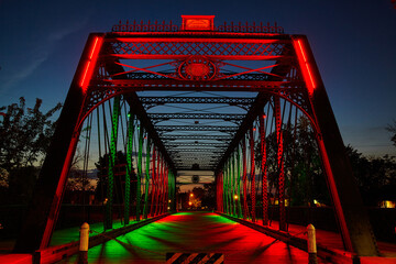 Illuminated Steel Truss Bridge at Twilight, Wells Street Bridge, Christmas Colors