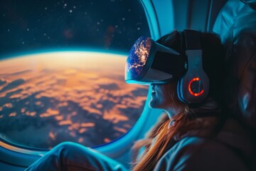 A woman wearing VR box in virtual airplane looking at outside with a big copy space, Generative AI.