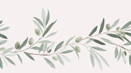 Foliage horizontal seamless pattern, green olive branches and fruits on bright red - obrazy, fototapety, plakaty