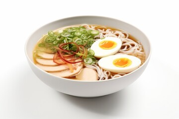 Delicious Ramen Soup in a Stylish Bowl, Capturing the Essence of Asian Cuisine on a White Background, Generative AI