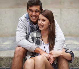 Laugh, stairs and relax couple hug, bonding and enjoy date on marriage honeymoon, Valentines Day or...
