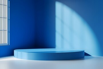 Interior corner wall room blue 3d background of abstract window light stage scene or empty product studio showroom display and blank presentation podium pedestal platform perspective table backdrop
