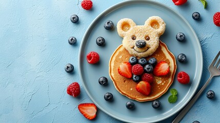 An appetizer with a sweet bear-made pancake and a pale blue backdrop, space, Generative AI.