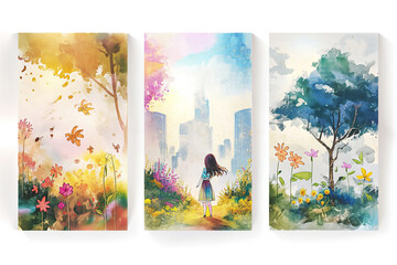 Flower Nature Collage: A lively watercolor illustration that incorporates spring flowers. and the beauty of nature There is a combination of colorful trees, plants, and leaves beneath the image.