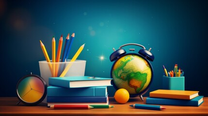 Vibrant back to school scene: educational supplies and essentials on desk
