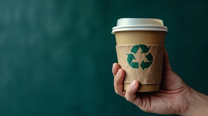 An image of a man carrying a paper coffee cup with a recycling sign set with a deep green backdrop, Generative AI.