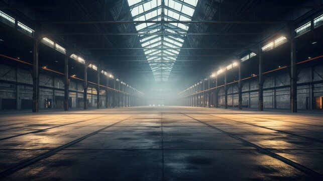 The interior of a large modern empty industrial warehouse.