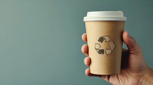 An image of a man carrying a paper coffee cup with a recycling sign set with a deep green backdrop, Generative AI.