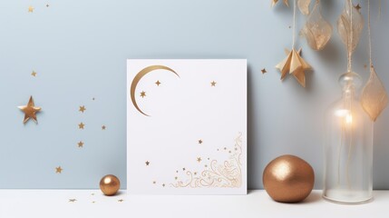 Copy space greeting card template, Ramadan kareem Mubarak theme, Islamic holiday eid al fitr, golden decoration with hanging lanterns.
