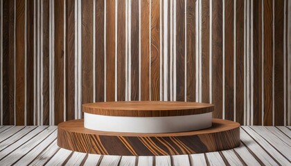 a brown wood and white cylindrical pedestal podium, featuring a vertical wood pattern background for an elegant and sophisticated visual presentation